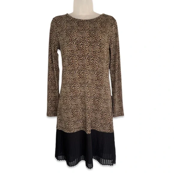 NWOT Michael Kors Drop Hem Leopard Long Sleeve Dress Pleated Stretchy Size XS - Picture 2 of 11